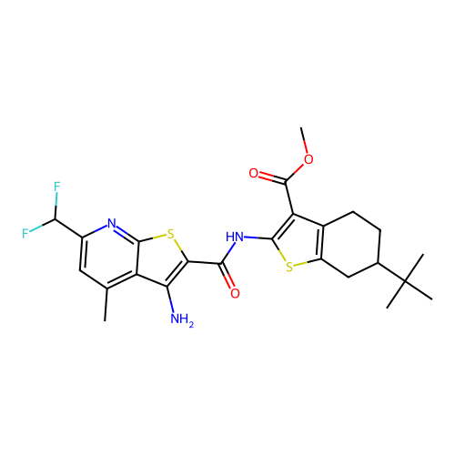 methyl 2-({[3-amino-6-(difluoromethyl)-4-methylthieno[2,3-b]pyridin-2-yl]carbonyl}amino)-6-tert-butyl-4,5,6,7-tetrahydro-1-benzothiophene-3-carboxylate structure