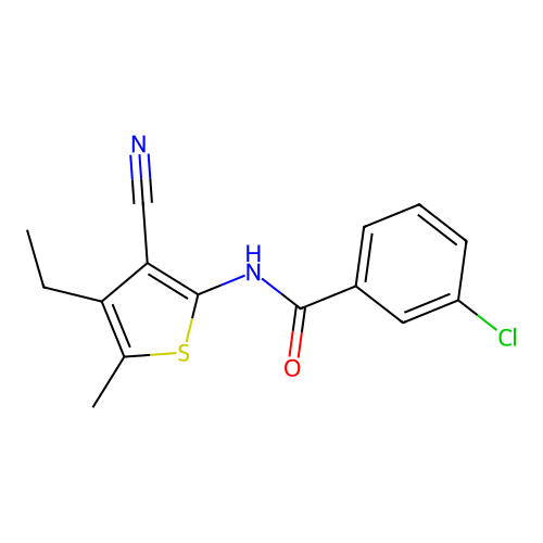 3-chloro-N-(3-cyano-4-ethyl-5-methylthiophen-2-yl)benzamide structure