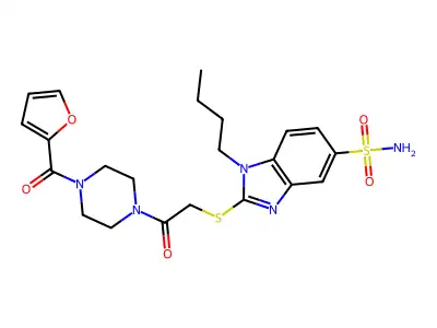 1-Butyl-2-[[2-[4-(2-furanylcarbonyl)-1-piperazinyl]-2-oxoethyl]thio]-1H-benzimidazole-5-sulfonamide structure