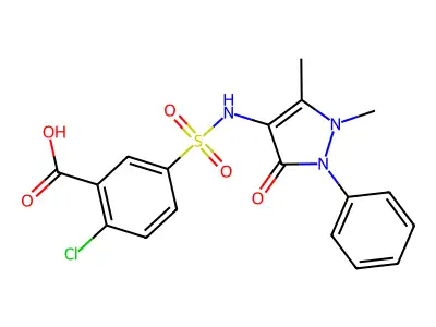 2-chloro-5-[(1,5-dimethyl-3-oxo-2-phenyl-2,3-dihydro-1H-pyrazol-4-yl)sulfamoyl]benzoic acid structure