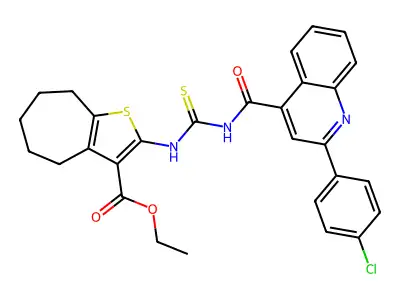 ethyl 2-[[2-(4-chlorophenyl)quinoline-4-carbonyl]carbamothioylamino]-5,6,7,8-tetrahydro-4H-cyclohepta[b]thiophene-3-carboxylate structure