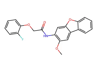 2-(2-fluorophenoxy)-N-(2-methoxydibenzofuran-3-yl)acetamide structure
