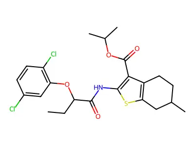 isopropyl 2-{[2-(2,5-dichlorophenoxy)butanoyl]amino}-6-methyl-4,5,6,7-tetrahydro-1-benzothiophene-3-carboxylate structure