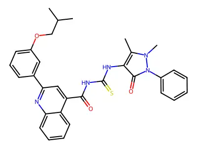 N-[(1,5-dimethyl-3-oxo-2-phenylpyrazol-4-yl)carbamothioyl]-2-[3-(2-methylpropoxy)phenyl]quinoline-4-carboxamide structure