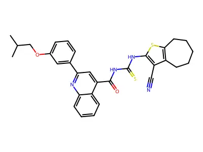 N-[(3-cyano-5,6,7,8-tetrahydro-4H-cyclohepta[b]thiophen-2-yl)carbamothioyl]-2-[3-(2-methylpropoxy)phenyl]quinoline-4-carboxamide structure