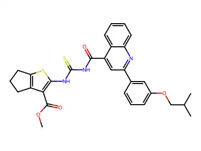 methyl 2-[[2-[3-(2-methylpropoxy)phenyl]quinoline-4-carbonyl]carbamothioylamino]-5,6-dihydro-4H-cyclopenta[b]thiophene-3-carboxylate structure