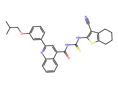 N-[(3-cyano-4,5,6,7-tetrahydro-1-benzothiophen-2-yl)carbamothioyl]-2-[3-(2-methylpropoxy)phenyl]quinoline-4-carboxamide structure
