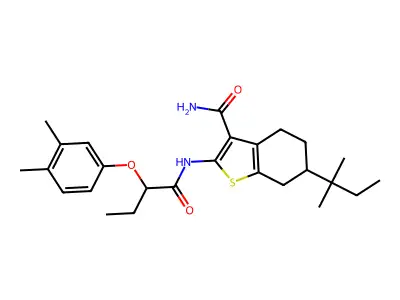 2-[2-(3,4-dimethylphenoxy)butanoylamino]-6-(2-methylbutan-2-yl)-4,5,6,7-tetrahydro-1-benzothiophene-3-carboxamide structure