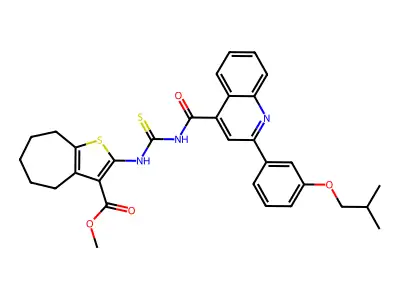 methyl 2-[[2-[3-(2-methylpropoxy)phenyl]quinoline-4-carbonyl]carbamothioylamino]-5,6,7,8-tetrahydro-4H-cyclohepta[b]thiophene-3-carboxylate structure