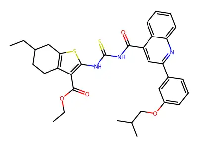 ethyl 6-ethyl-2-[[2-[3-(2-methylpropoxy)phenyl]quinoline-4-carbonyl]carbamothioylamino]-4,5,6,7-tetrahydro-1-benzothiophene-3-carboxylate structure