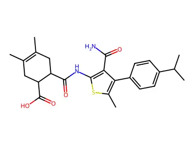 6-({3-carbamoyl-5-methyl-4-[4-(propan-2-yl)phenyl]thiophen-2-yl}carbamoyl)-3,4-dimethylcyclohex-3-ene-1-carboxylic acid structure