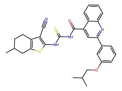 N-[(3-cyano-6-methyl-4,5,6,7-tetrahydro-1-benzothiophen-2-yl)carbamothioyl]-2-[3-(2-methylpropoxy)phenyl]quinoline-4-carboxamide structure