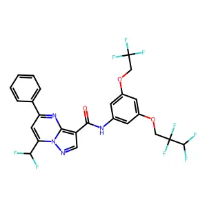 7-(difluoromethyl)-5-phenyl-N-[3-(2,2,3,3-tetrafluoropropoxy)-5-(2,2,2-trifluoroethoxy)phenyl]pyrazolo[1,5-a]pyrimidine-3-carboxamide structure