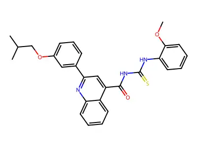 N-[(2-methoxyphenyl)carbamothioyl]-2-[3-(2-methylpropoxy)phenyl]quinoline-4-carboxamide structure