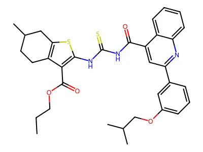 propyl 2-{[({[2-(3-isobutoxyphenyl)-4-quinolinyl]carbonyl}amino)carbothioyl]amino}-6-methyl-4,5,6,7-tetrahydro-1-benzothiophene-3-carboxylate structure