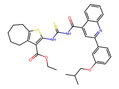 ethyl 2-[[2-[3-(2-methylpropoxy)phenyl]quinoline-4-carbonyl]carbamothioylamino]-5,6,7,8-tetrahydro-4H-cyclohepta[b]thiophene-3-carboxylate structure
