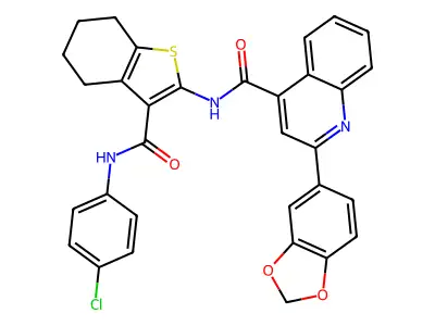 2-(1,3-benzodioxol-5-yl)-N-[3-[(4-chlorophenyl)carbamoyl]-4,5,6,7-tetrahydro-1-benzothiophen-2-yl]quinoline-4-carboxamide structure