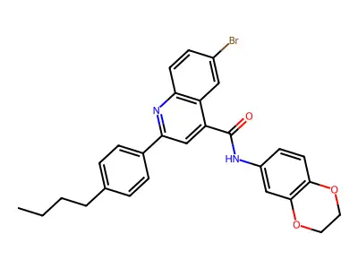 6-bromo-2-(4-butylphenyl)-N-(2,3-dihydro-1,4-benzodioxin-6-yl)quinoline-4-carboxamide structure