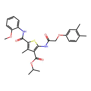 isopropyl 2-{[(3,4-dimethylphenoxy)acetyl]amino}-5-[(2-methoxyanilino)carbonyl]-4-methyl-3-thiophenecarboxylate structure