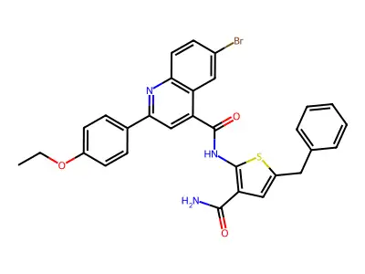 N-(5-benzyl-3-carbamoylthiophen-2-yl)-6-bromo-2-(4-ethoxyphenyl)quinoline-4-carboxamide structure