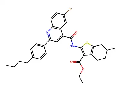 ethyl 2-({[6-bromo-2-(4-butylphenyl)-4-quinolinyl]carbonyl}amino)-6-methyl-4,5,6,7-tetrahydro-1-benzothiophene-3-carboxylate structure