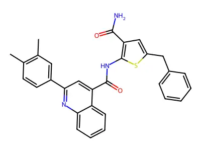 N-(5-benzyl-3-carbamoylthiophen-2-yl)-2-(3,4-dimethylphenyl)quinoline-4-carboxamide structure