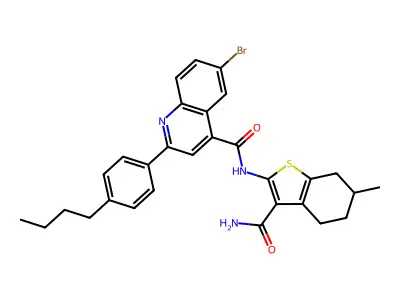6-bromo-2-(4-butylphenyl)-N-(3-carbamoyl-6-methyl-4,5,6,7-tetrahydro-1-benzothiophen-2-yl)quinoline-4-carboxamide structure