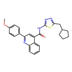 N-[5-(cyclopentylmethyl)-1,3,4-thiadiazol-2-yl]-2-(4-methoxyphenyl)quinoline-4-carboxamide structure