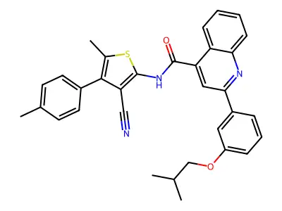 N-[3-cyano-5-methyl-4-(4-methylphenyl)thiophen-2-yl]-2-[3-(2-methylpropoxy)phenyl]quinoline-4-carboxamide structure