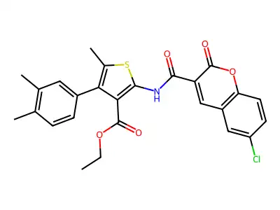 ethyl 2-[(6-chloro-2-oxochromene-3-carbonyl)amino]-4-(3,4-dimethylphenyl)-5-methylthiophene-3-carboxylate structure