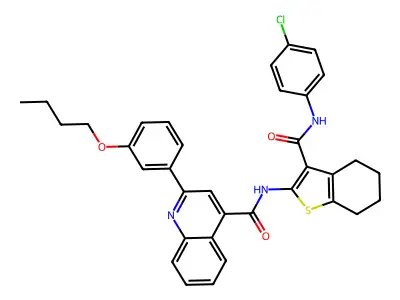 2-(3-butoxyphenyl)-N-[3-[(4-chlorophenyl)carbamoyl]-4,5,6,7-tetrahydro-1-benzothiophen-2-yl]quinoline-4-carboxamide structure