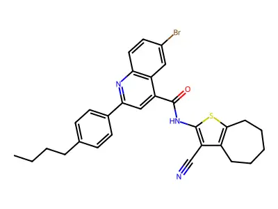 6-bromo-2-(4-butylphenyl)-N-(3-cyano-5,6,7,8-tetrahydro-4H-cyclohepta[b]thiophen-2-yl)quinoline-4-carboxamide structure