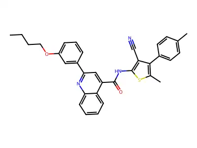 2-(3-butoxyphenyl)-N-[3-cyano-5-methyl-4-(4-methylphenyl)thiophen-2-yl]quinoline-4-carboxamide structure