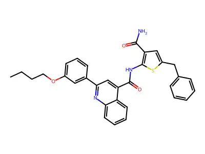 N-(5-benzyl-3-carbamoylthiophen-2-yl)-2-(3-butoxyphenyl)quinoline-4-carboxamide structure