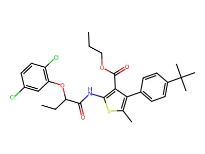 propyl 4-(4-tert-butylphenyl)-2-[2-(2,5-dichlorophenoxy)butanoylamino]-5-methylthiophene-3-carboxylate structure