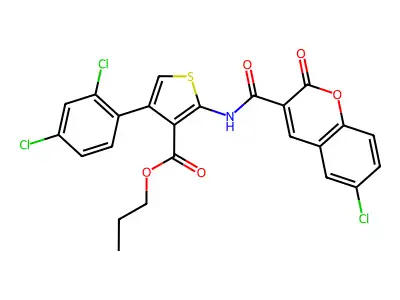 propyl 2-[(6-chloro-2-oxochromene-3-carbonyl)amino]-4-(2,4-dichlorophenyl)thiophene-3-carboxylate structure
