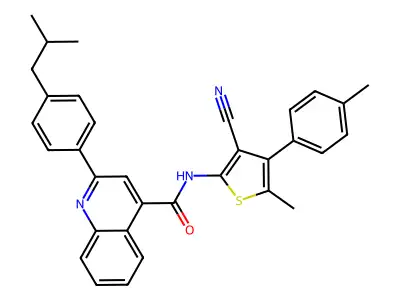 N-[3-cyano-5-methyl-4-(4-methylphenyl)thiophen-2-yl]-2-[4-(2-methylpropyl)phenyl]quinoline-4-carboxamide structure