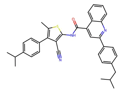 N-[3-cyano-5-methyl-4-(4-propan-2-ylphenyl)thiophen-2-yl]-2-[4-(2-methylpropyl)phenyl]quinoline-4-carboxamide structure