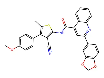 2-(1,3-benzodioxol-5-yl)-N-[3-cyano-4-(4-methoxyphenyl)-5-methylthiophen-2-yl]quinoline-4-carboxamide structure