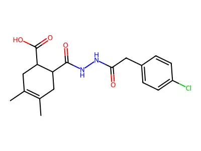 6-({2-[(4-chlorophenyl)acetyl]hydrazinyl}carbonyl)-3,4-dimethylcyclohex-3-ene-1-carboxylic acid structure