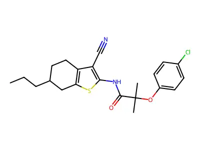 2-(4-chlorophenoxy)-N-(3-cyano-6-propyl-4,5,6,7-tetrahydro-1-benzothiophen-2-yl)-2-methylpropanamide structure