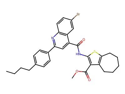 methyl 2-({[6-bromo-2-(4-butylphenyl)-4-quinolinyl]carbonyl}amino)-5,6,7,8-tetrahydro-4H-cyclohepta[b]thiophene-3-carboxylate structure
