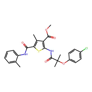 methyl 2-[[2-(4-chlorophenoxy)-2-methylpropanoyl]amino]-4-methyl-5-[(2-methylphenyl)carbamoyl]thiophene-3-carboxylate structure