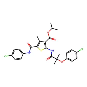 isopropyl 5-[(4-chloroanilino)carbonyl]-2-{[2-(4-chlorophenoxy)-2-methylpropanoyl]amino}-4-methyl-3-thiophenecarboxylate structure