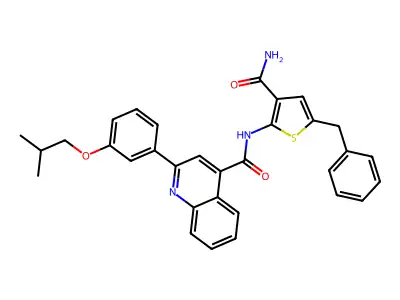 N-(5-benzyl-3-carbamoylthiophen-2-yl)-2-[3-(2-methylpropoxy)phenyl]quinoline-4-carboxamide structure