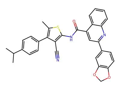 2-(1,3-benzodioxol-5-yl)-N-[3-cyano-5-methyl-4-(4-propan-2-ylphenyl)thiophen-2-yl]quinoline-4-carboxamide structure