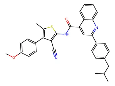N-[3-cyano-4-(4-methoxyphenyl)-5-methylthiophen-2-yl]-2-[4-(2-methylpropyl)phenyl]quinoline-4-carboxamide structure