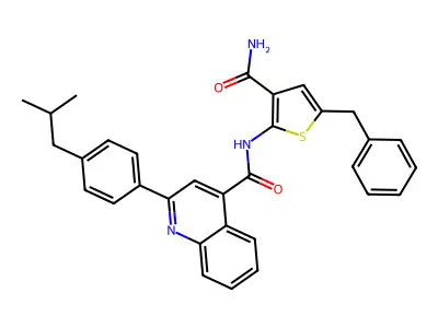 N-(5-benzyl-3-carbamoylthiophen-2-yl)-2-[4-(2-methylpropyl)phenyl]quinoline-4-carboxamide structure