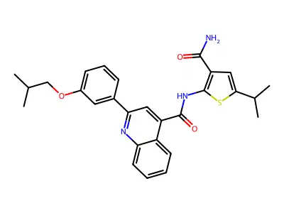 N-(3-carbamoyl-5-propan-2-ylthiophen-2-yl)-2-[3-(2-methylpropoxy)phenyl]quinoline-4-carboxamide structure