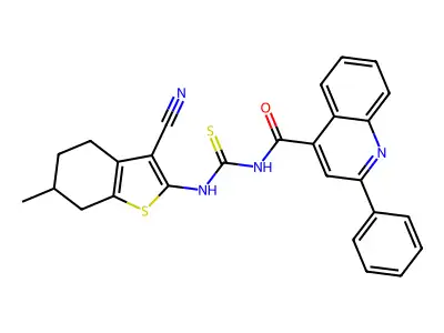 N-[(3-cyano-6-methyl-4,5,6,7-tetrahydro-1-benzothiophen-2-yl)carbamothioyl]-2-phenylquinoline-4-carboxamide structure